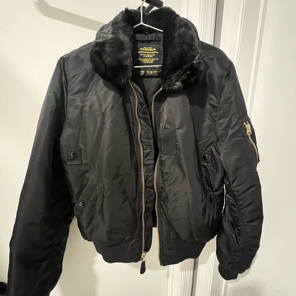 Alpha Industries Black Bomber Jacket with Faux Fur Collar